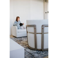 a back view detailed shot of a custom white swivel chair