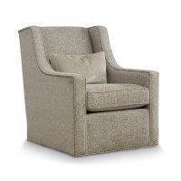 grey modern swivel chair featuring nail head trim