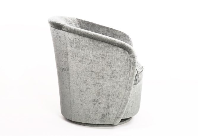 A side view of a sleek swivel chair with rounded arms in silver velvet fabric