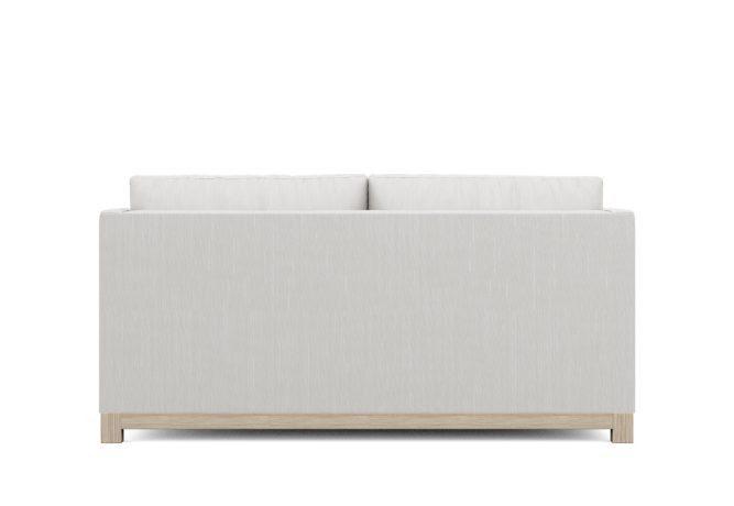 back view of white modern sofa with natural oak wood base